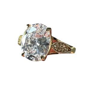 NEW Adjustable 18K Gold Plated Leaf Ring Oval CZ Vintage Style Statement Jewelry